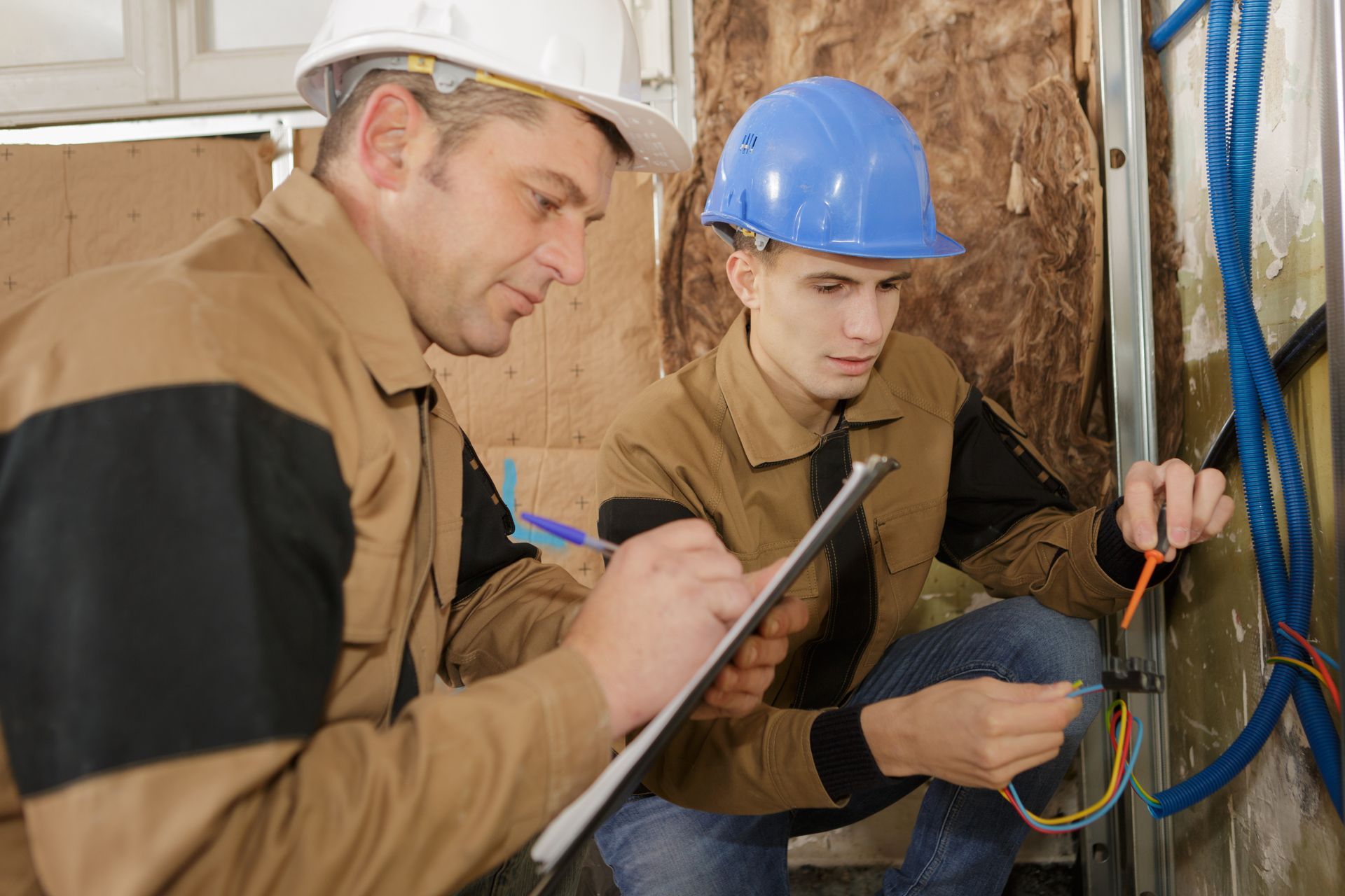 Two electricians are working with cables and taking notes on a clipboard.