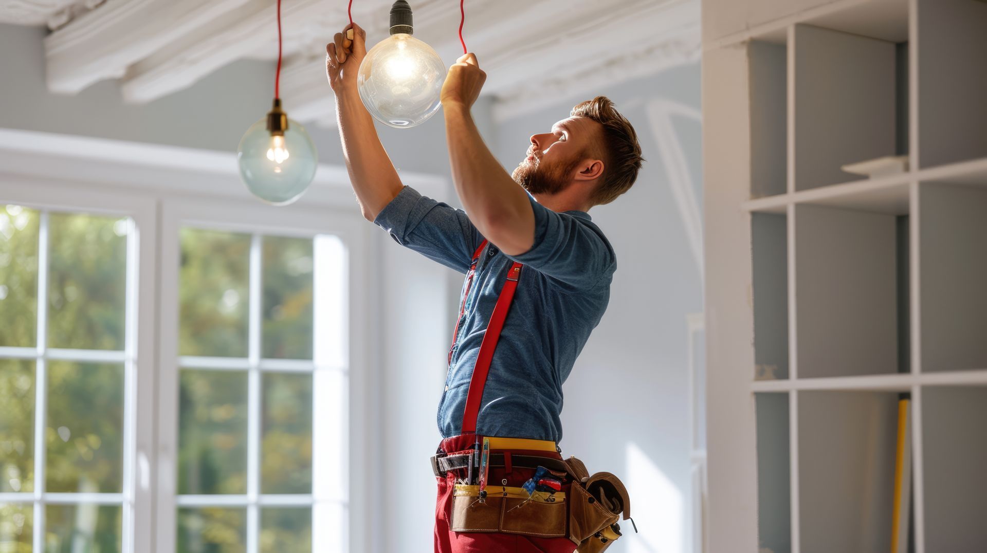 Person installing a hanging light fixture while wearing a tool belt.