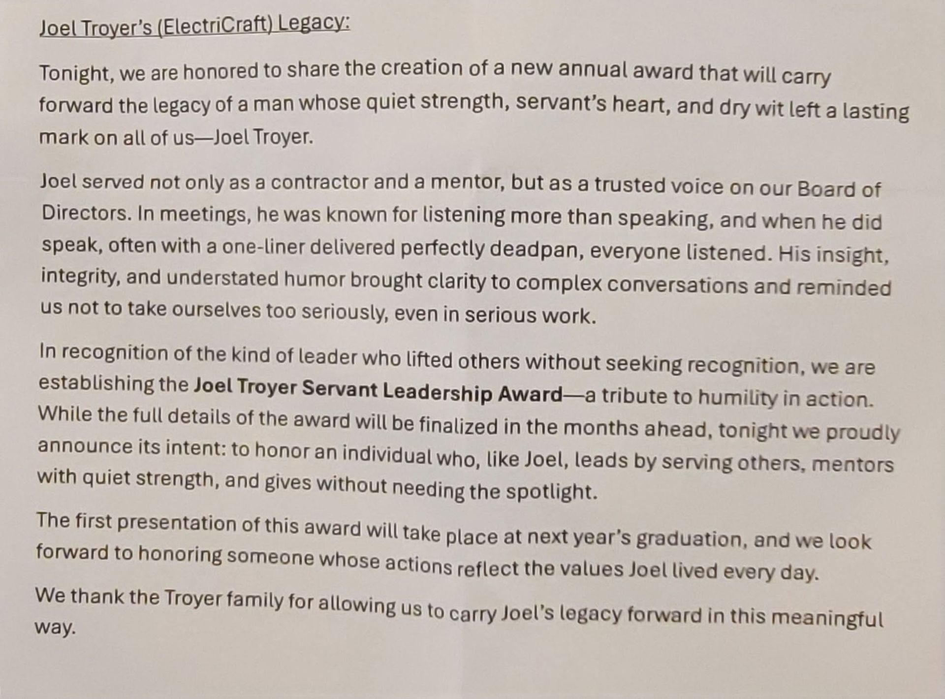 A printed announcement about the
