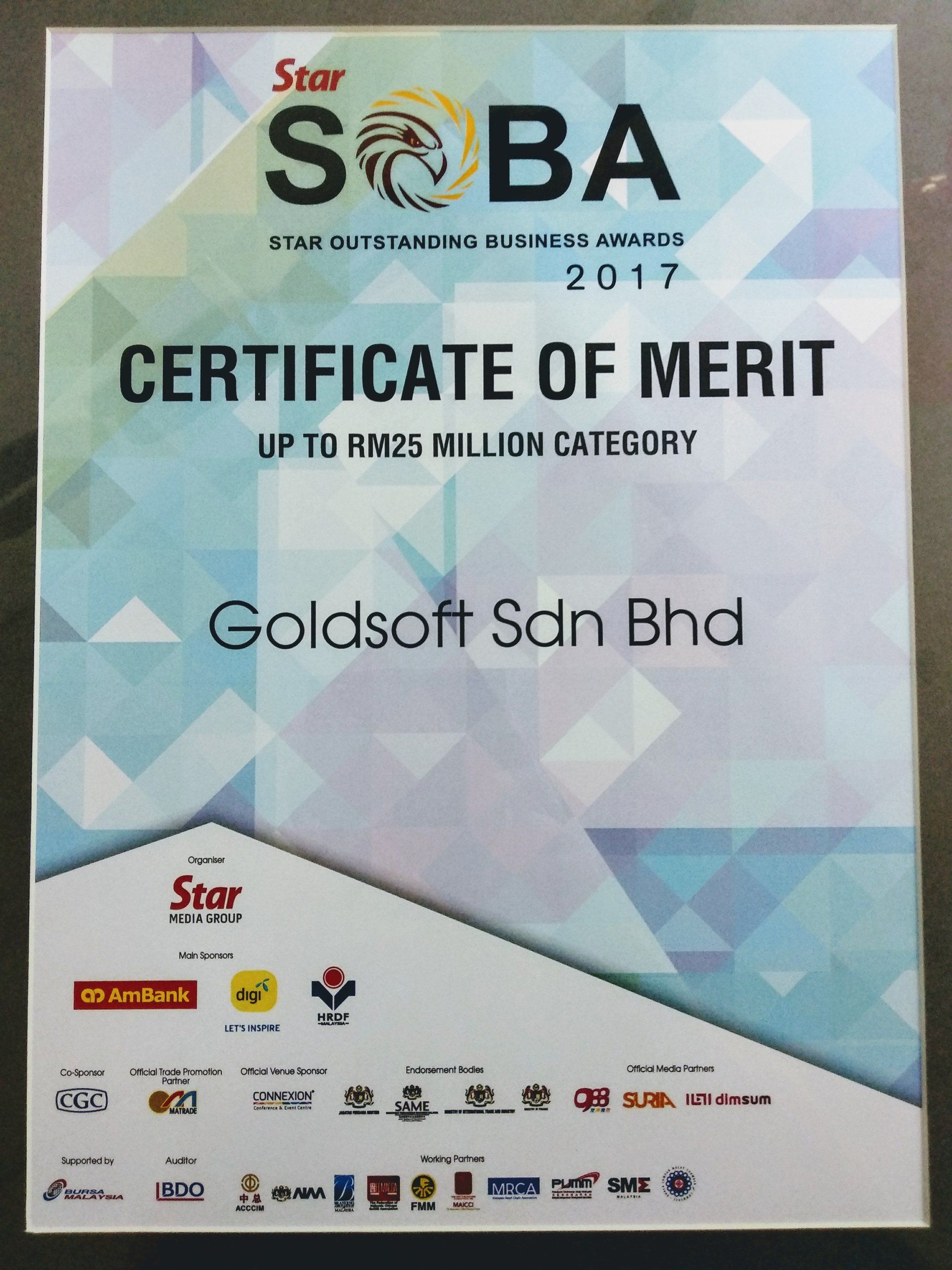 Goldsoft SOBA Award Certificate of Merit 2017