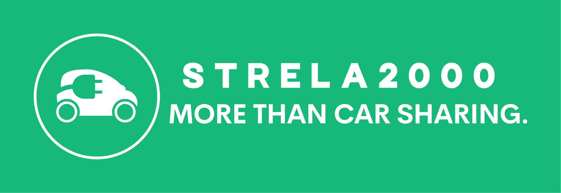 Green STRELA 2000 logo with a white car icon and the slogan “MORE THAN CAR SHARING.”