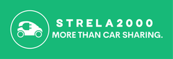 Green STRELA 2000 logo with a white car icon and the slogan “MORE THAN CAR SHARING.”