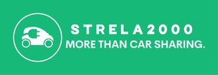 Green STRELA 2000 logo with a white car icon and the slogan “MORE THAN CAR SHARING.”