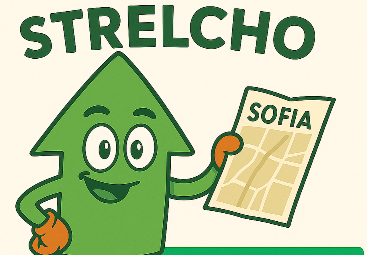 Green arrow mascot holding a Sofia map, with “STRELCHO” text above.