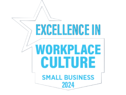 White badge logo with blue text reading “Excellence in Workplace Culture Small Business 2024.”