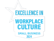 White badge logo with blue text reading “Excellence in Workplace Culture Small Business 2024.”