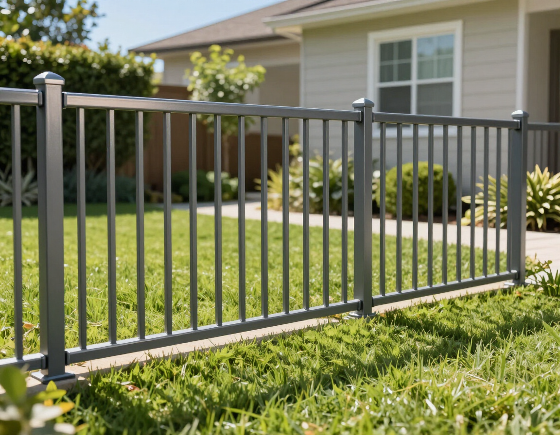 Gray metal fence in a front yard with a beige house and green lawn in the background