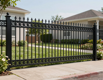Black iron fence and driveway gate in front of a suburban house and lawn