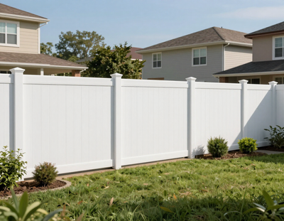 White vinyl privacy fence bordering a grassy backyard with suburban houses in the background