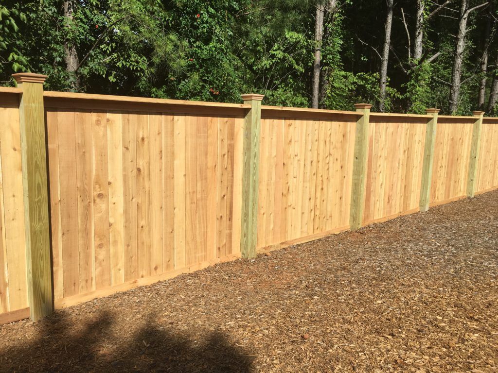 New wooden privacy fence along a mulched yard beside trees