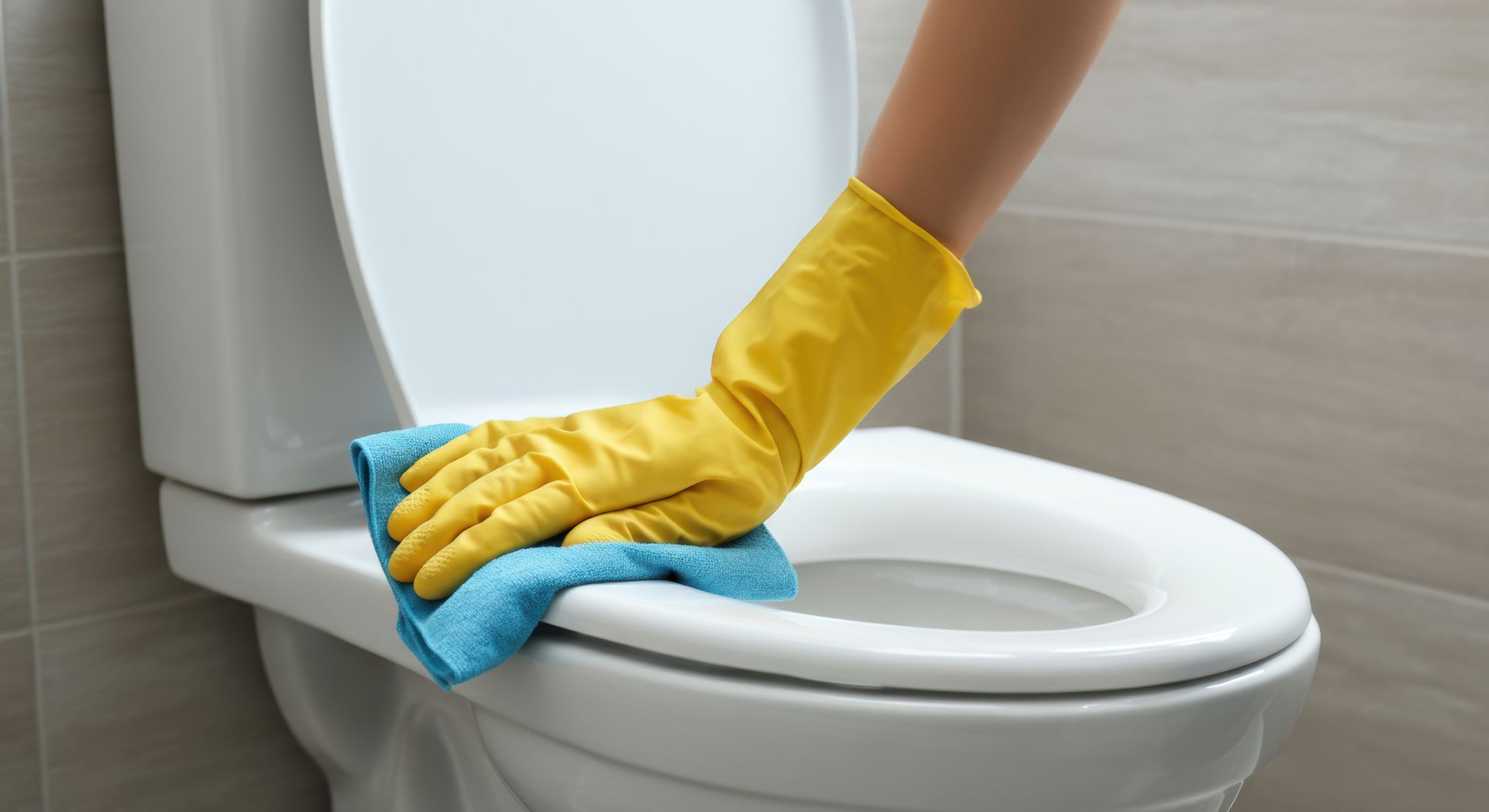 Person wearing yellow gloves cleaning a white toilet seat with a blue cloth.