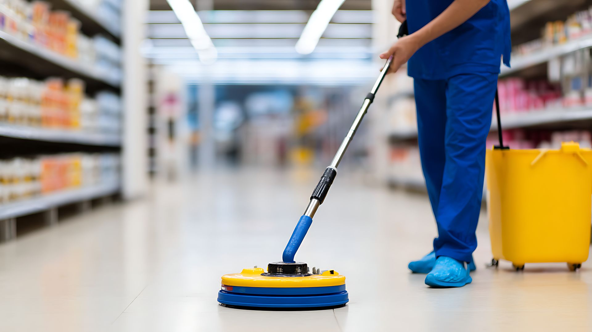 Person mopping the floor of a store aisle with a blue and yellow electric mop; yellow bucket beside them.