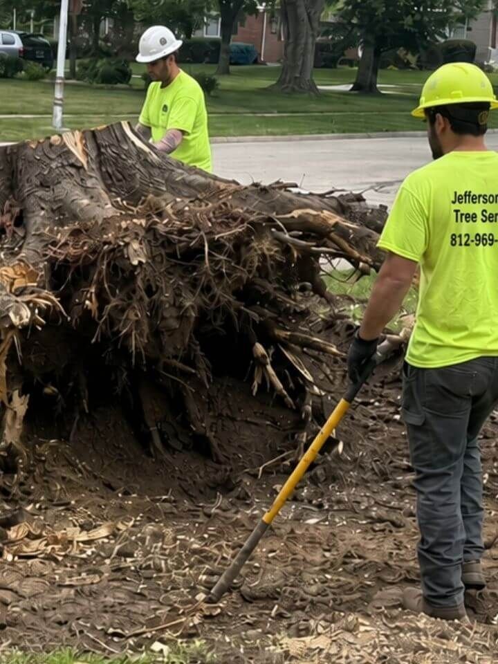 Tree service crew removing a large stump and exposed roots in Jeffersonville