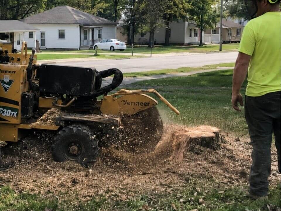 Stump grinding machine removing a tree stump in a Jeffersonville yard