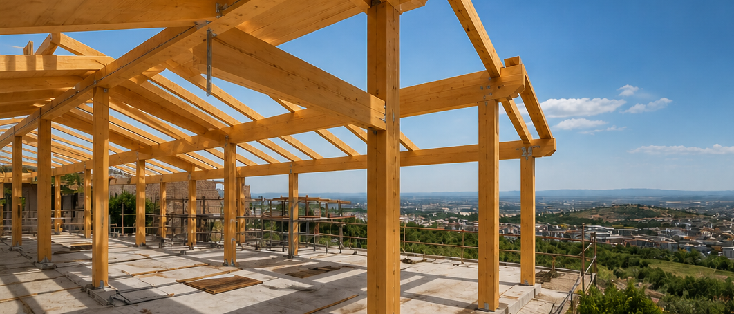 Struttura in legno in costruzione su una collina, con vista sulla città sotto un cielo azzurro.