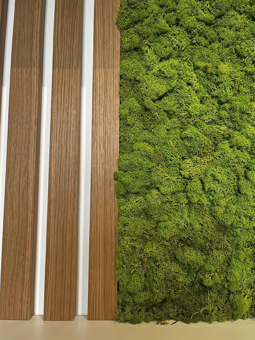 Pannelli di legno accanto a una parete di muschio verde brillante.