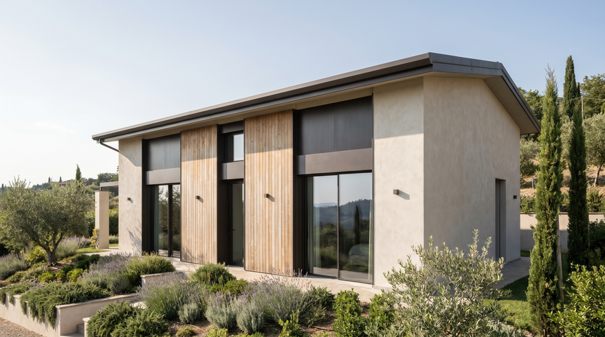 Casa moderna color beige con dettagli in legno, ampie finestre e giardino paesaggistico illuminato dalla luce naturale.