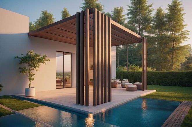 Patio di una casa moderna con pergola in legno, piscina e alberi al tramonto.