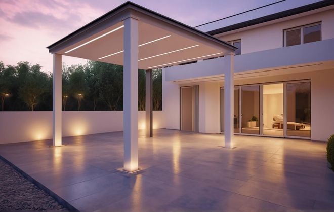 Patio di una casa moderna con pergola coperta, luci calde e grandi porte a vetri al crepuscolo