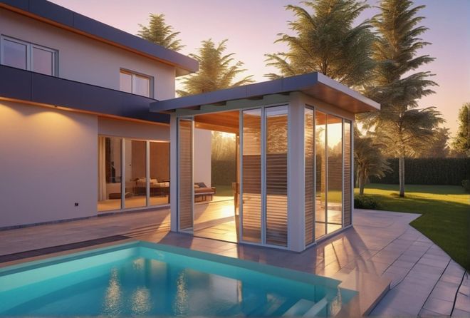 Casa moderna con patio illuminato accanto a una piscina turchese al tramonto