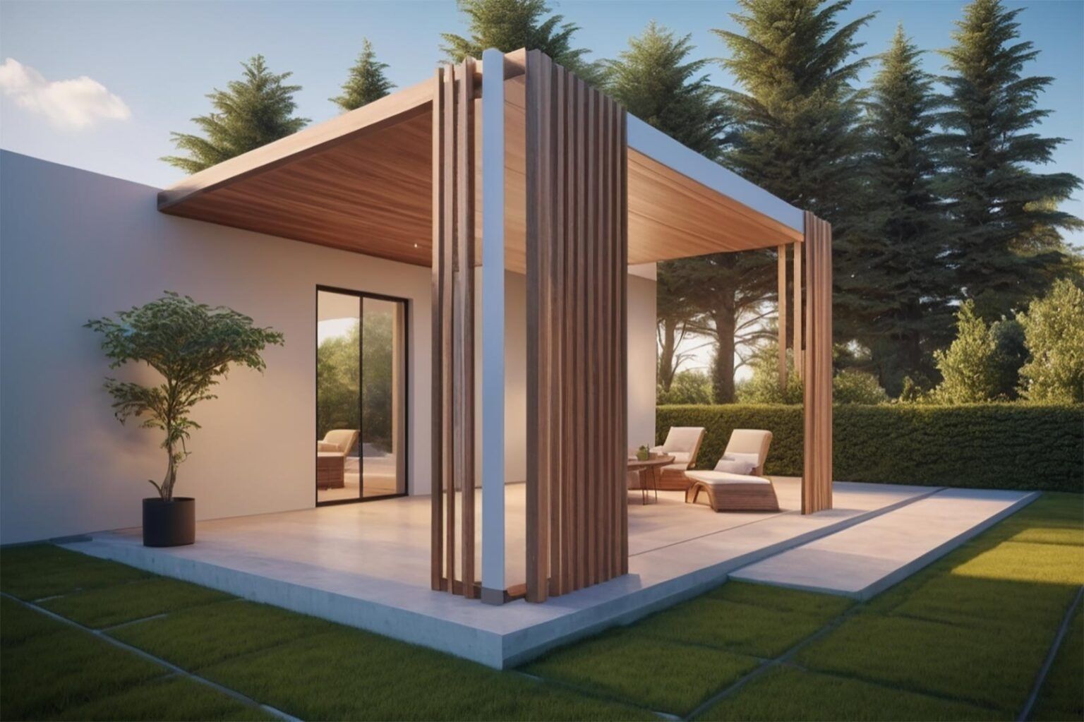 Padiglione da patio moderno con doghe di legno, pareti in vetro e sedie a sdraio in un giardino paesaggistico.