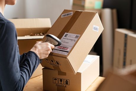 Hand holding a barcode scanner over cardboard shipping boxes in a warehouse