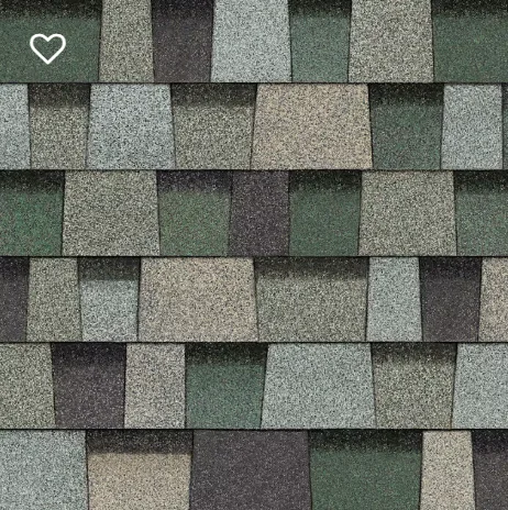 Close-up of a multi-colored asphalt shingle roof in shades of green, gray, and brown.