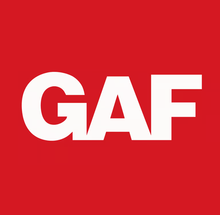 GAF logo: White letters on red background.