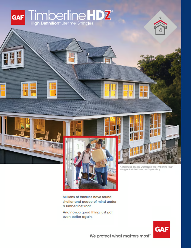 A house with blue Timberline HDZ shingles and family entering with packages. GAF logo.