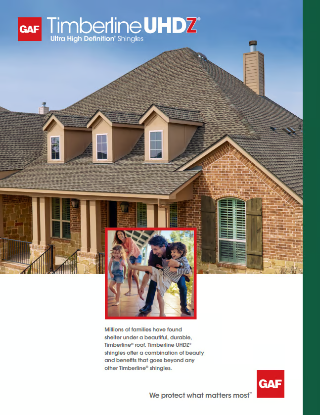 Advertisement for GAF Timberline UHDZ shingles: house with brown roof, family in inset photo.
