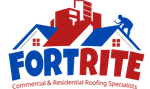 Logo: "FORTRITE" with blue and red house silhouettes and a roofer hammering on a roof.