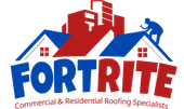 Logo: "FORTRITE" with blue and red house silhouettes and a roofer hammering on a roof.