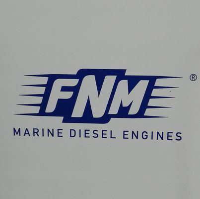 Logo per motori diesel marini FNM. Blu e bianco. Il testo recita 