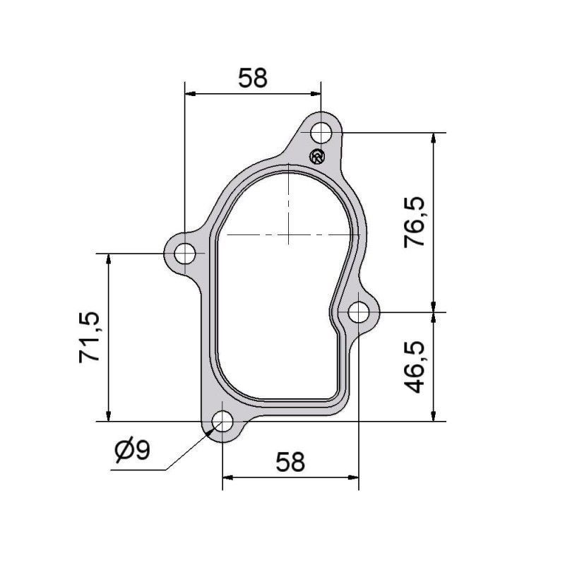 Schema di una guarnizione con dimensioni in millimetri. Ha una forma interna oblunga e quattro fori di montaggio.