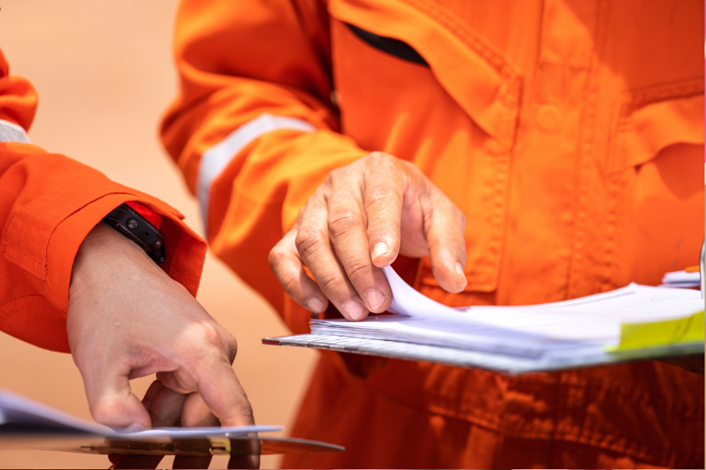 Two men in orange overalls are looking at a clipboard.