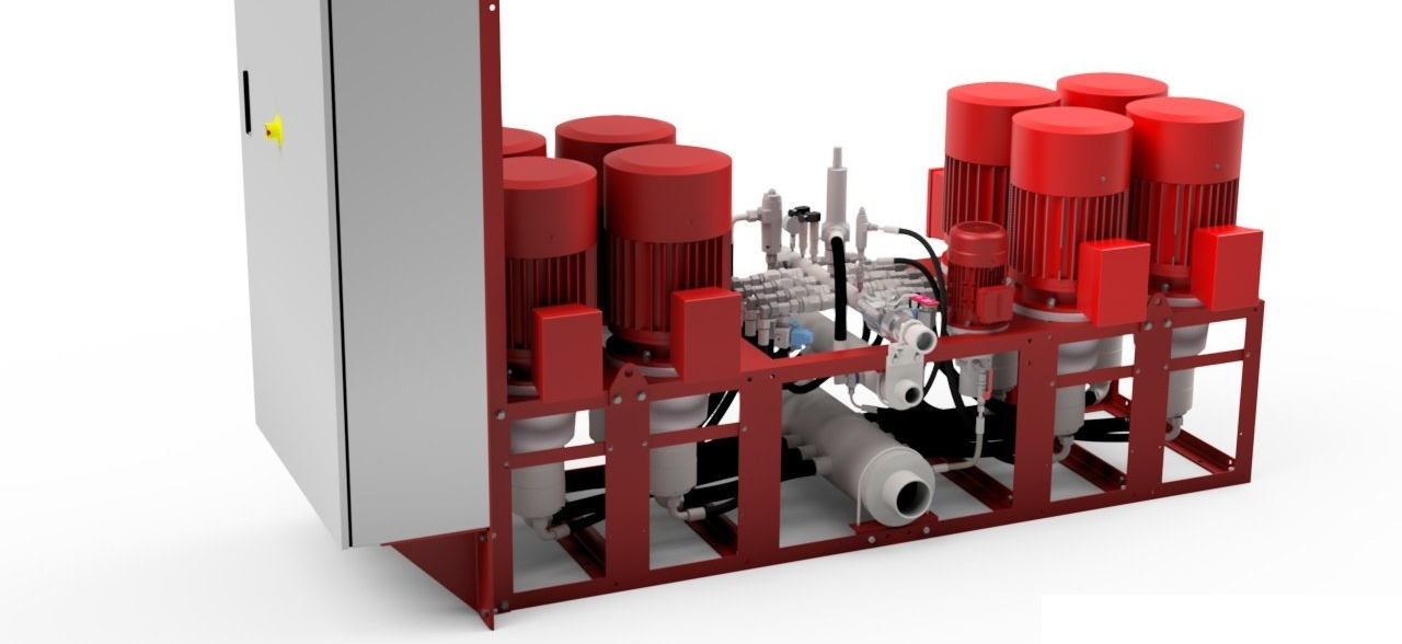 A 3d rendering of a hydraulic system with red pumps and a white box.