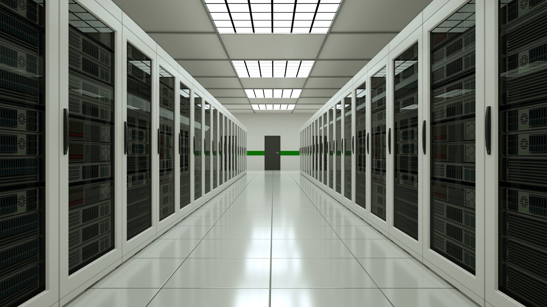 A long hallway filled with rows of servers in a data center.