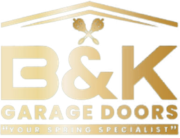 B&K Garage Doors gold logo with crossed springs and “Your Spring Specialist” tagline
