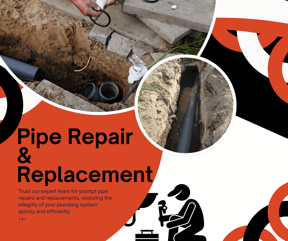 A poster for pipe repair and replacement shows a man working on a pipe