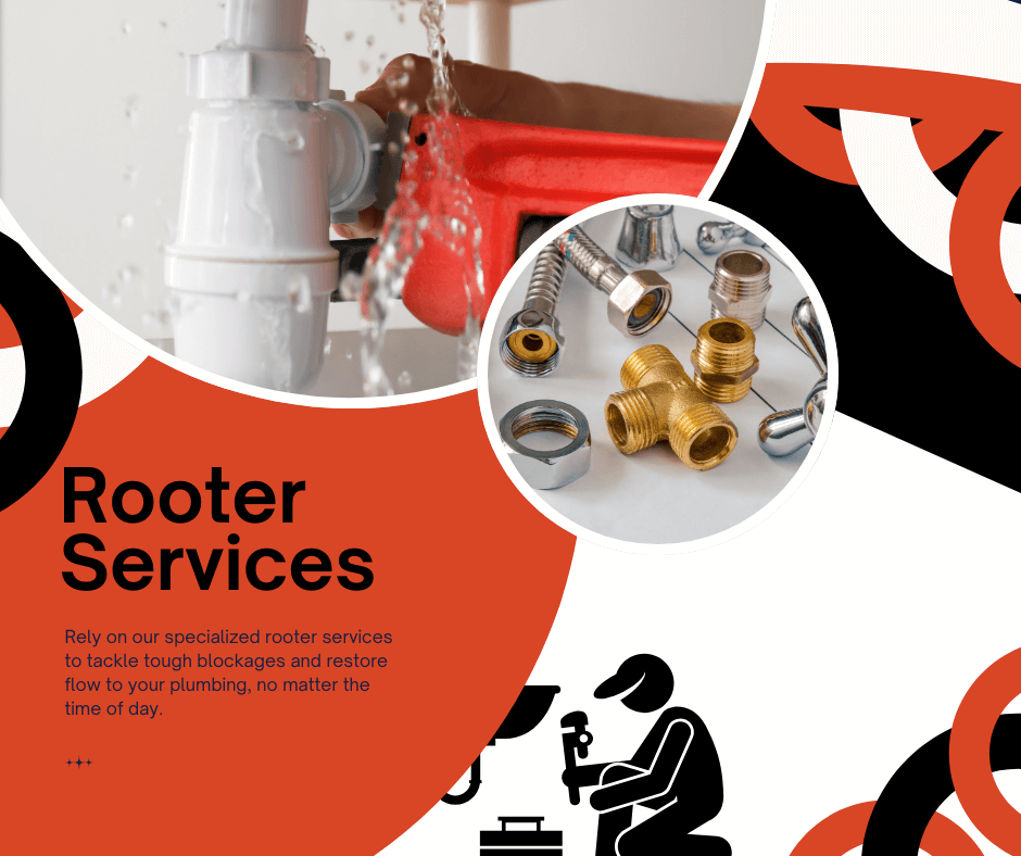 A poster for rooter services shows a plumber working on a pipe.