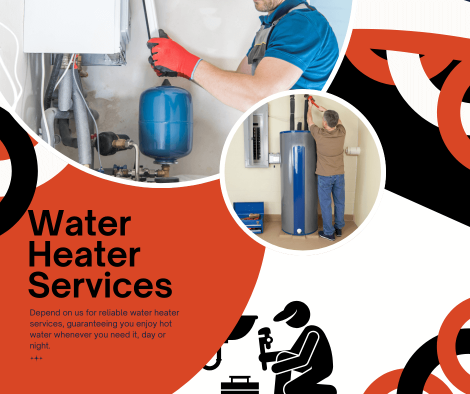 A poster for water heater services with a man working on a water heater
