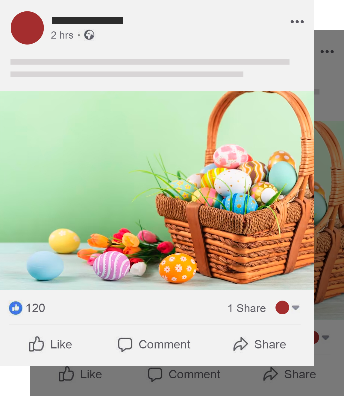 A facebook post with a basket filled with easter eggs.