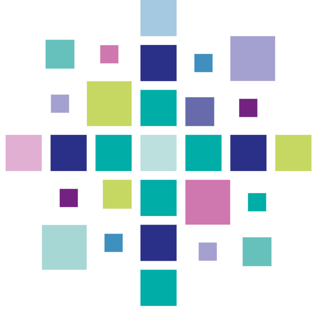 A cross made of colorful squares on a white background.