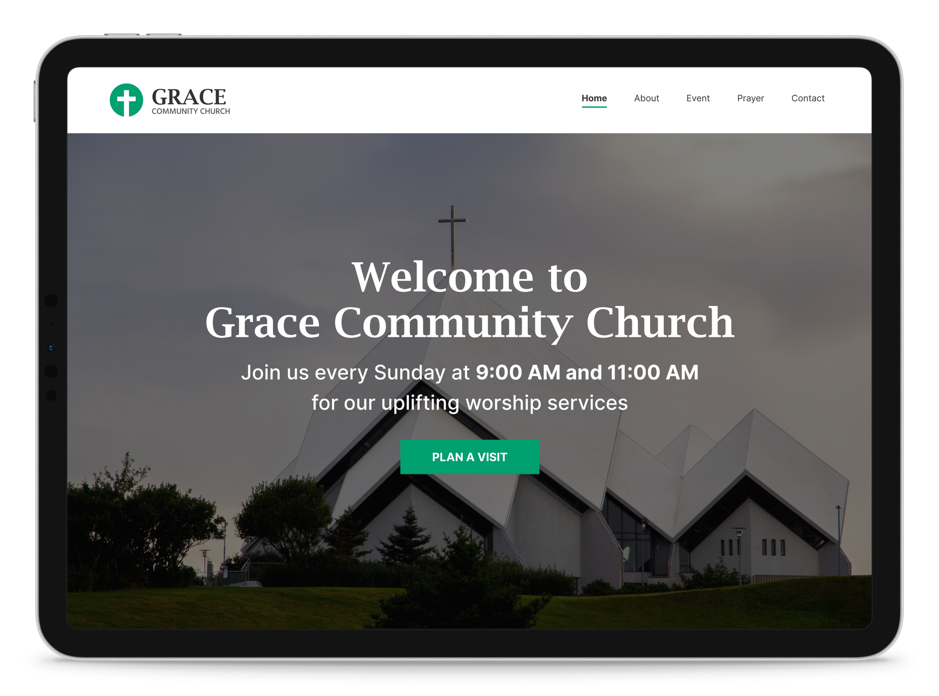 A tablet screen shows the website for grace community church