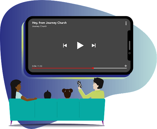 A man and a woman are sitting on a couch watching a video on a cell phone.