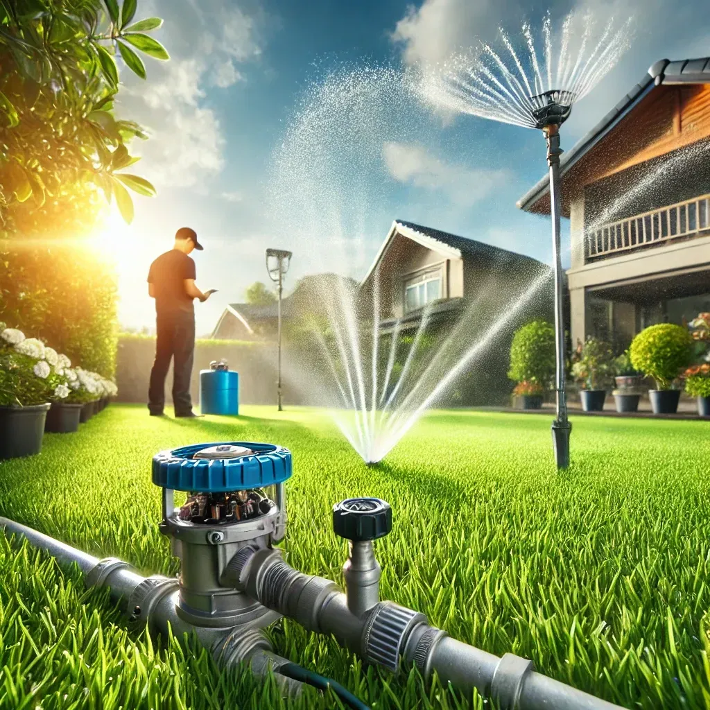 A man is standing in front of a sprinkler spraying water on a lush green lawn.