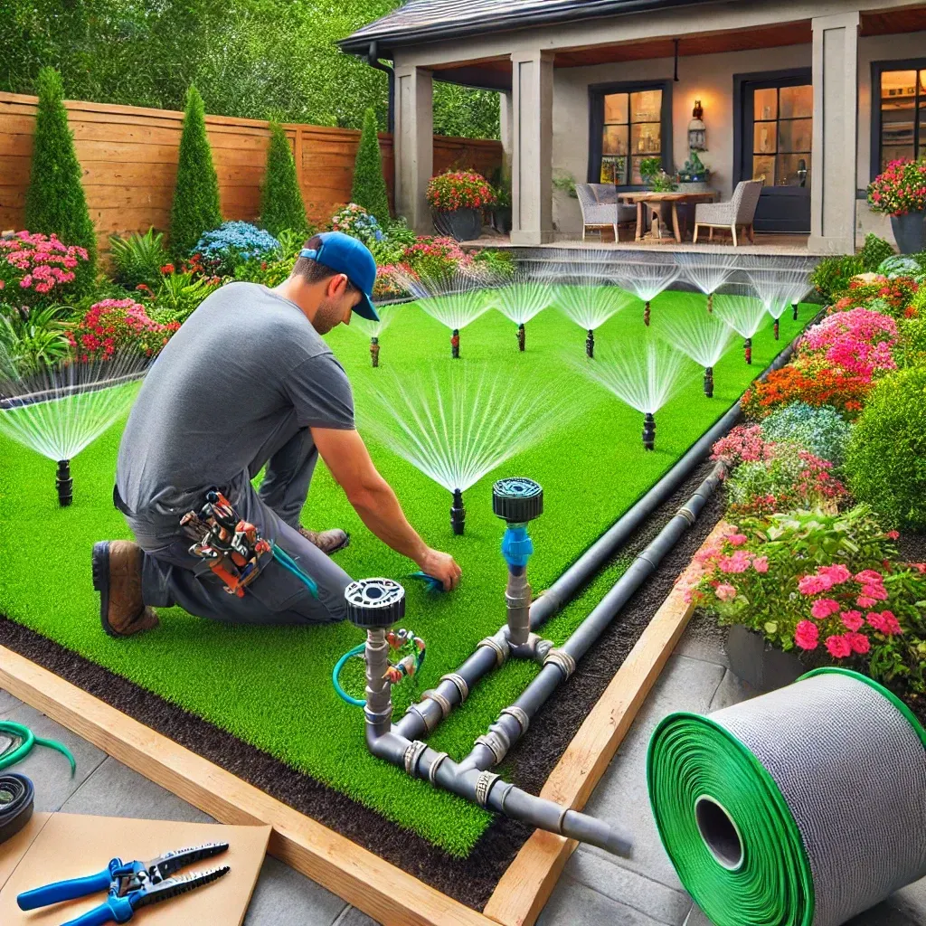 A man is working on a sprinkler system in a garden.