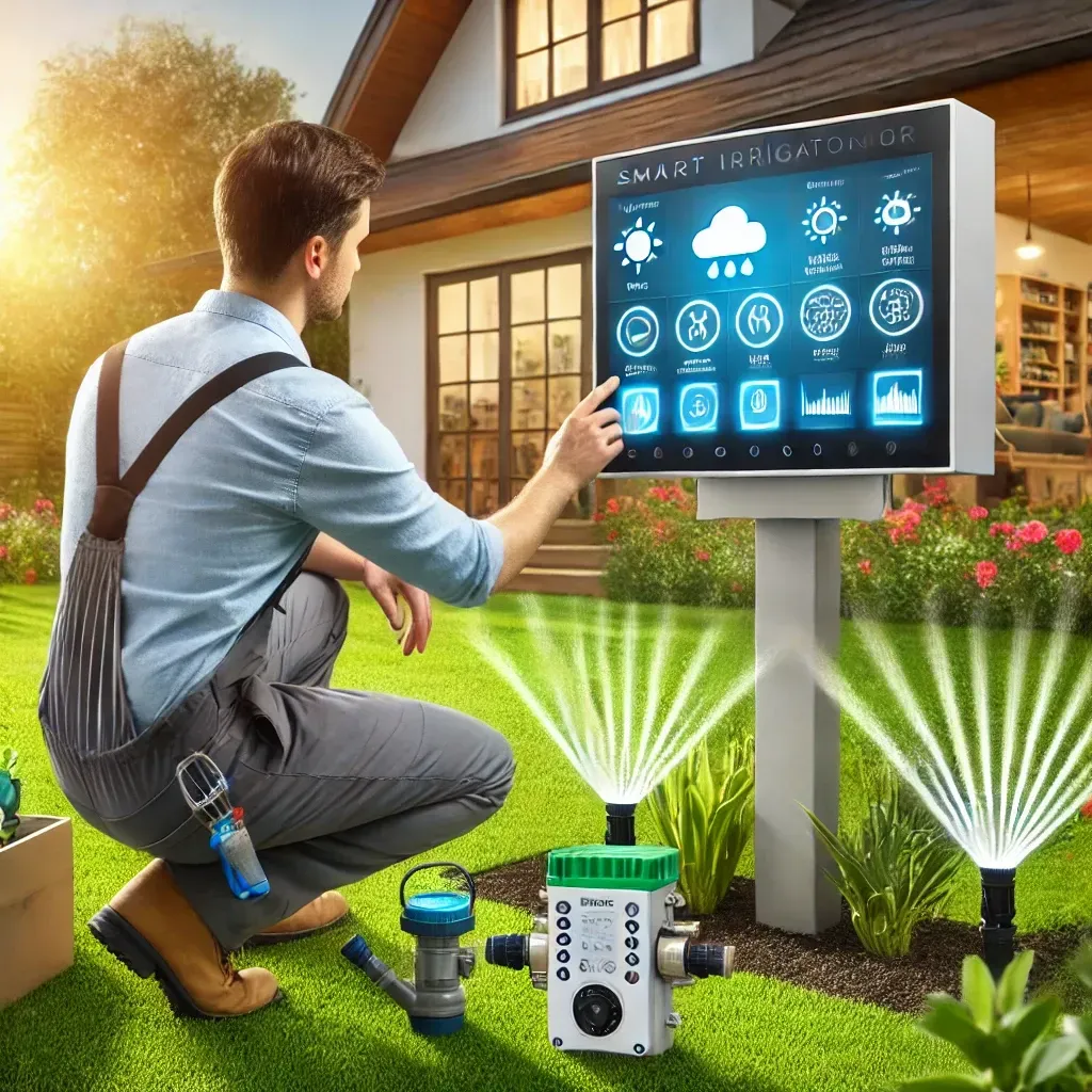 A man is kneeling in front of a large screen that says smart irrigation.