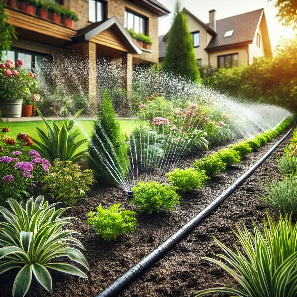 A sprinkler is spraying water on a lush green garden in front of a house.