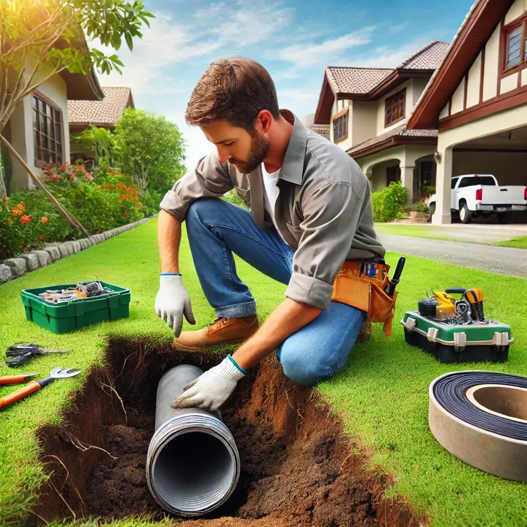 A man is kneeling down in the dirt holding a pipe.